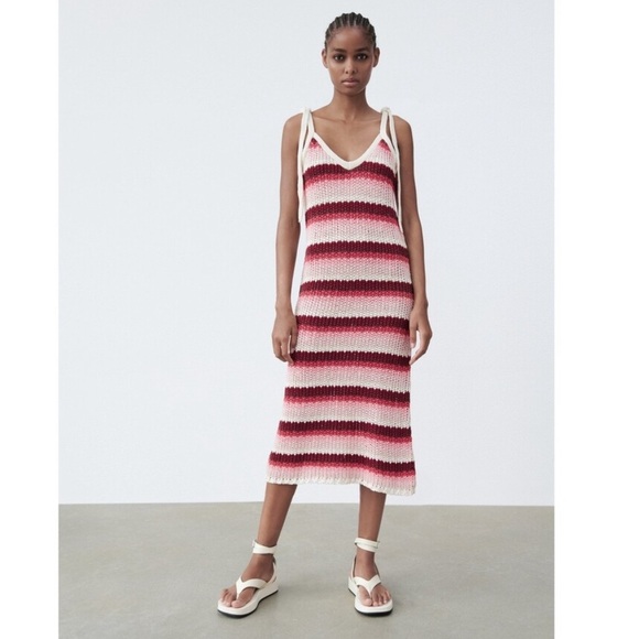 NWT Zara Striped Crochet Sleeveless Knit Midi Dress Cream/Pink/Maroon Size Small - Picture 1 of 14